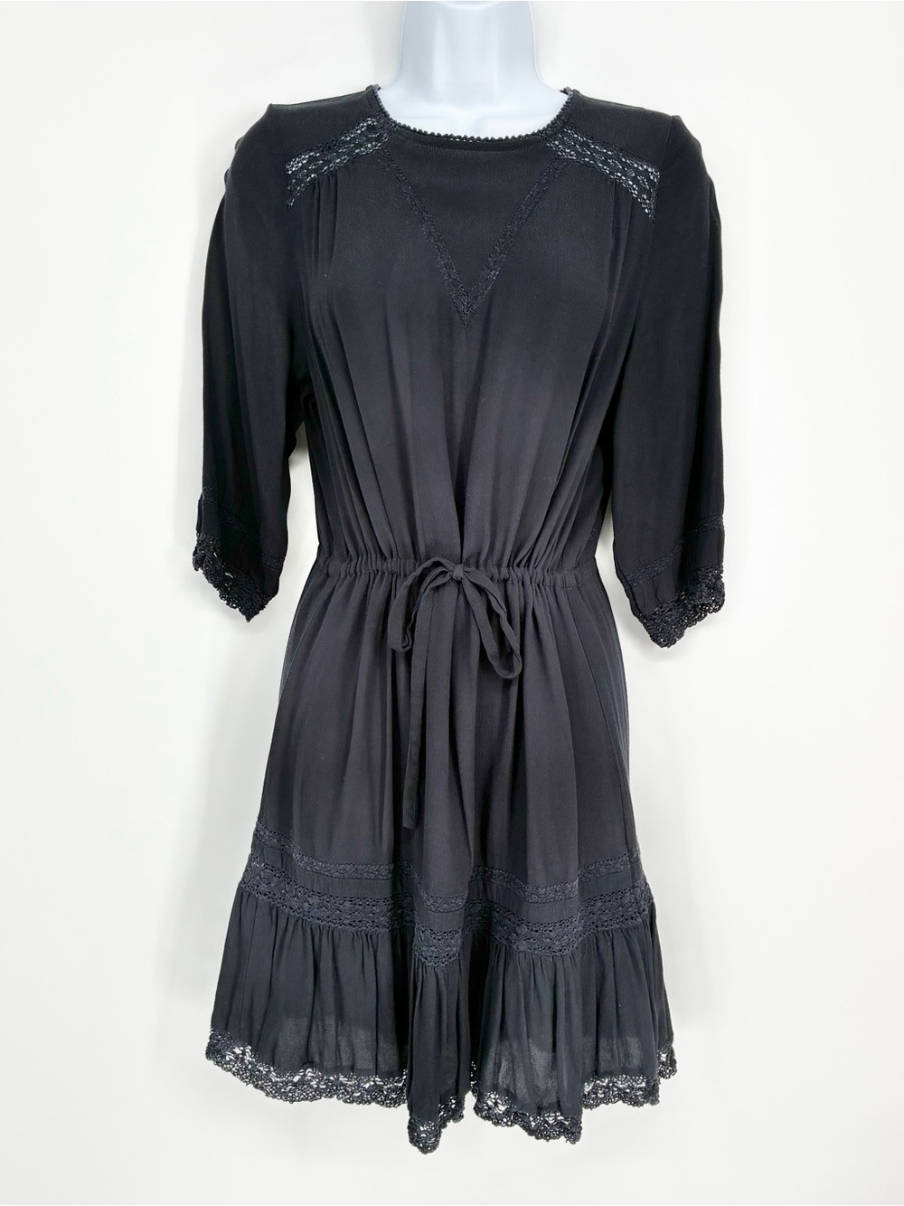 Maje Black Lace Crochet Trim Drawstring Waist Mini Shift Dress Sz 1 Small